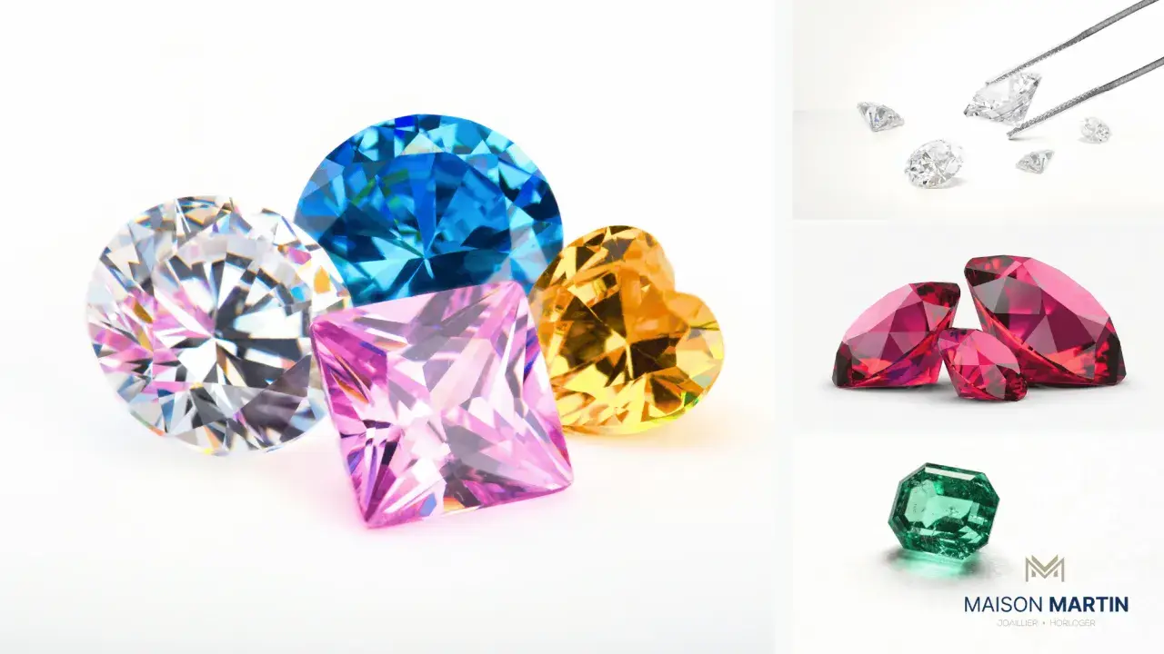 Un arcobaleno di gemme: un diamante rosa quadrato, uno zaffiro blu rotondo, un diamante giallo a forma di cuore e un diamante bianco sfaccettato.