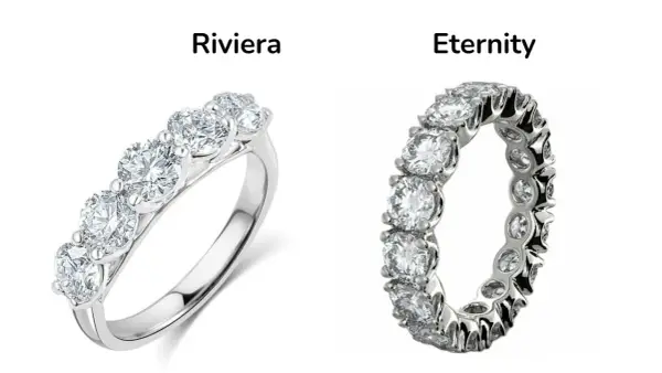 Anello Riviera con 5 diamanti e anello eternity con diamanti tutt'intorno, simbolo di un amore senza fine.