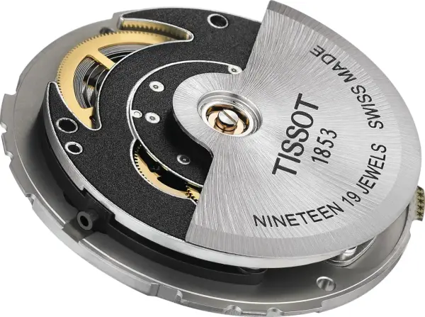 Meccanismo di orologio Tissot con rotore inciso "Tissot 1853 Swiss Made Nineteen 19 Jewels", parte del movimento Powermatic 80.