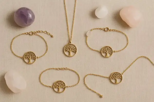 Gioielli con albero della vita in oro, circondati da pietre di quarzo. Il quarzo pietra significato è legato alla crescita e alla protezione.