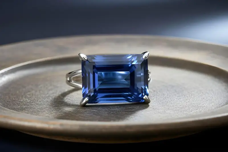 Anello con un magnifico zaffiro blu rettangolare, incastonato su un piatto metallico.