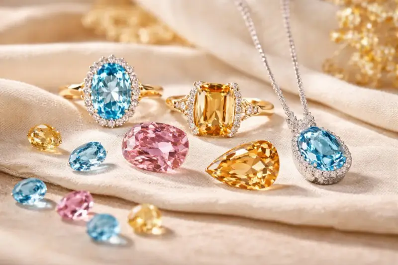 Gioielli con pietre preziose: anelli con topazio pietra blu e giallo, un pendente con topazio pietra blu e gemme rosa.